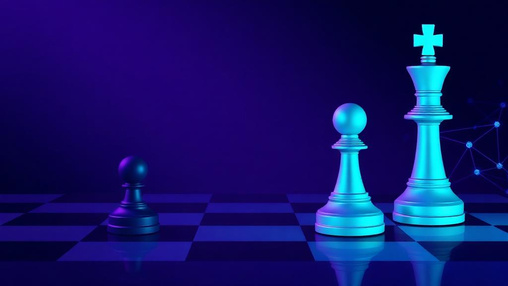 Abstract glowing chess pieces representing AI-powered strategy training