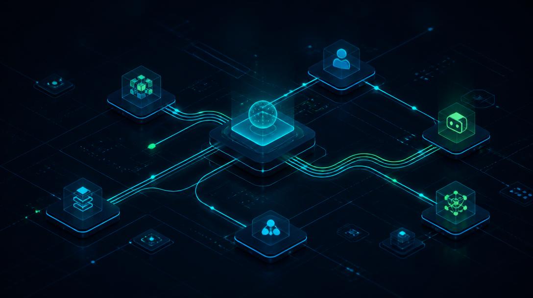 Abstract glowing automation network representing AI agents and workflows