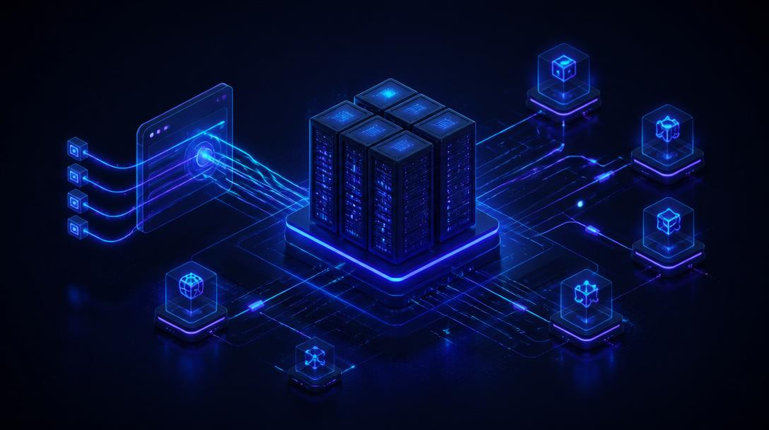 Abstract server infrastructure and API nodes representing backend engineering
